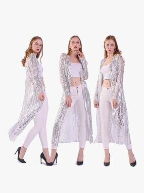 Silver Sequin Long Duster Cardigan-Cover-Up – Like New ✨